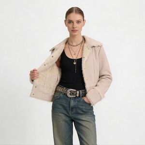 Faux Suede Fur Trim Jacket in Off White